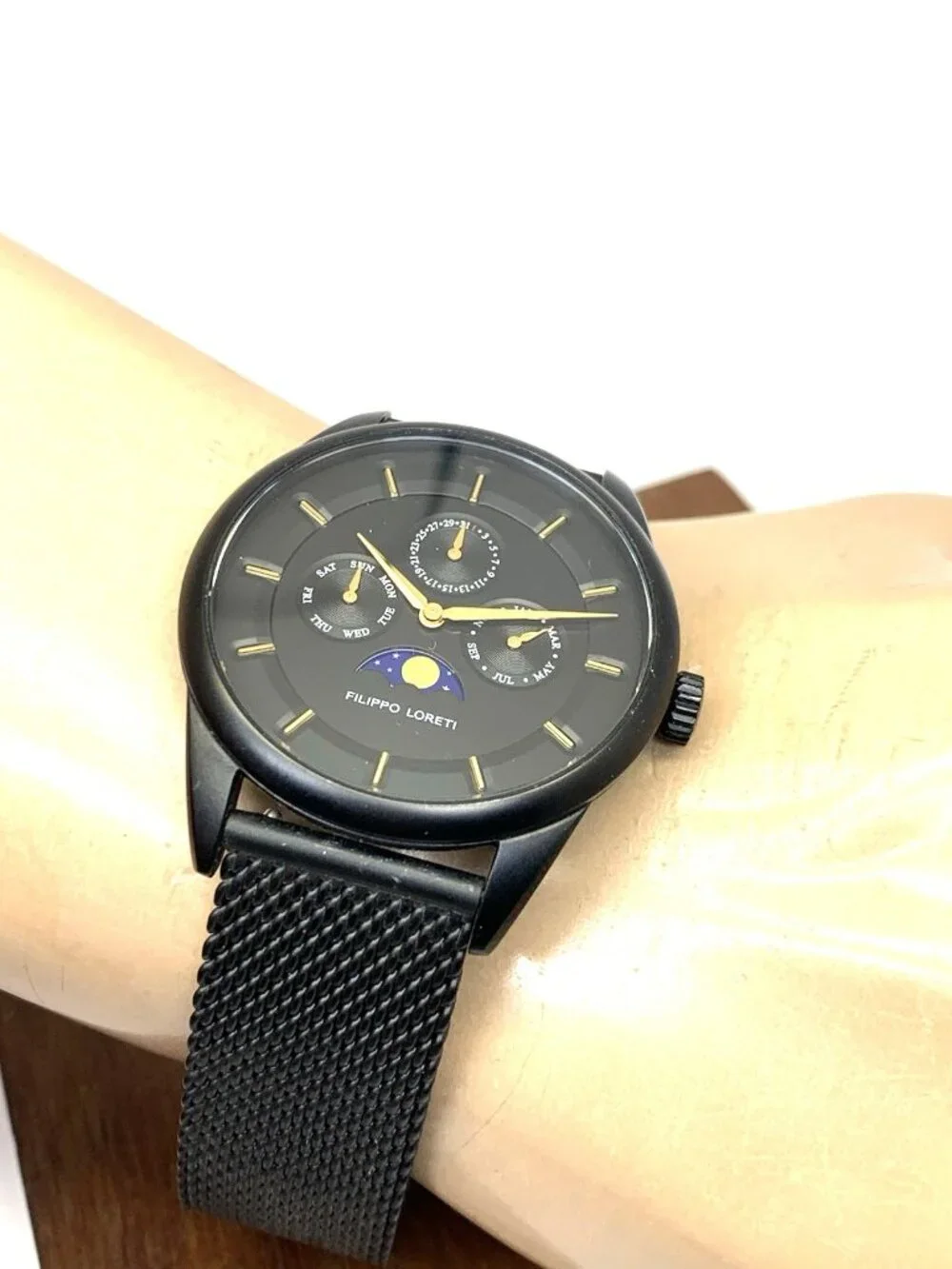 Filippo Loreti Men's Watch Moonphase Quartz Black Stainless Steel Mesh Band 40mm